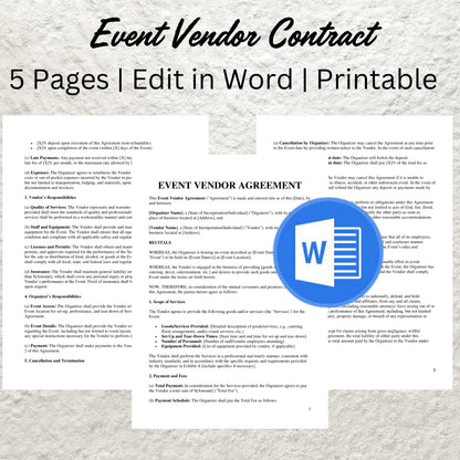 Event Vendor Contract Template Editable Event Vendor Agreement Printable Venue Décor Contract Event Planner Coordinator Service Agreement