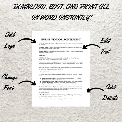 Event Vendor Contract Template Editable Event Vendor Agreement Printable Venue Décor Contract Event Planner Coordinator Service Agreement