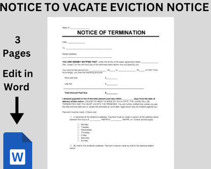 Eviction Notice Editable Notice to Vacate Tenant Template Printable Landlord Rental Lease Termination Contract Form Microsoft Word PDF