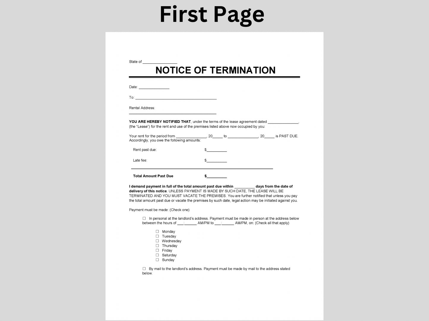 Eviction Notice Editable Notice to Vacate Tenant Template Printable Landlord Rental Lease Termination Contract Form Microsoft Word PDF