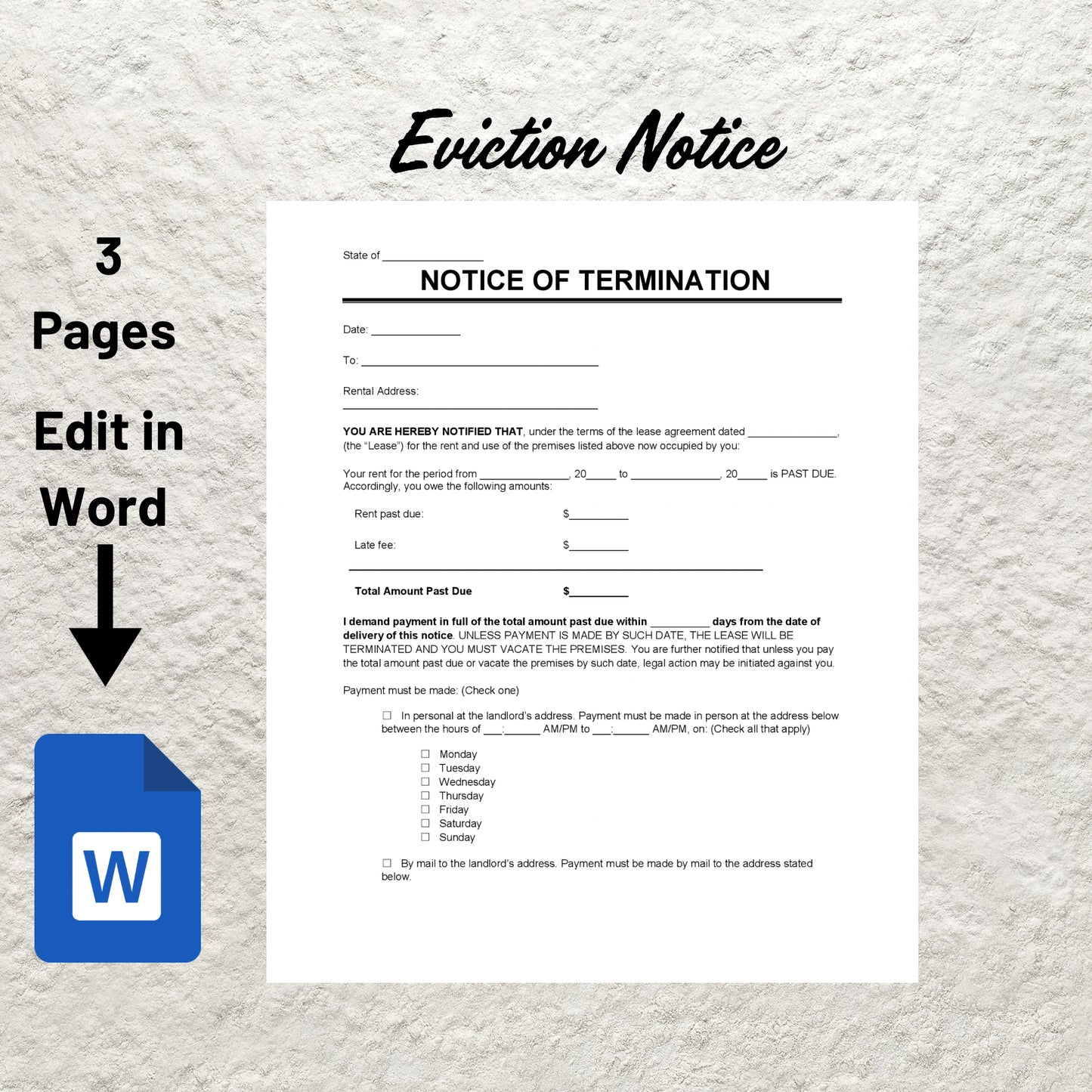 Eviction Notice Editable Notice to Vacate Tenant Template Printable Landlord Rental Lease Termination Contract Form Microsoft Word PDF