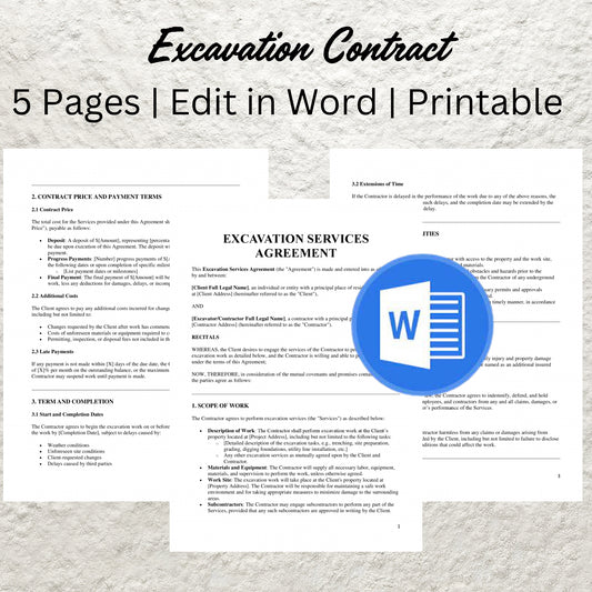 Excavation Contract Template Editable Excavation Service Agreement Form Printable American Contract Excavation Business Services Contract