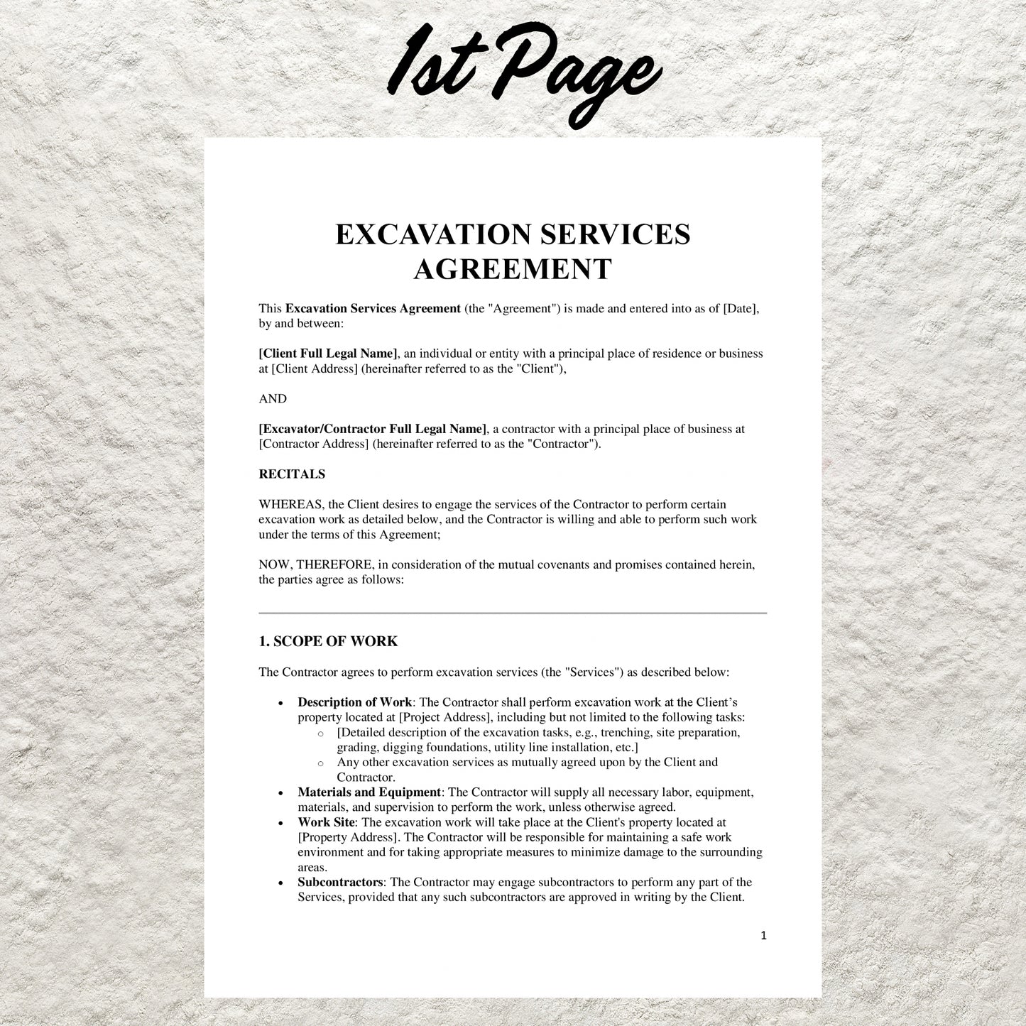 Excavation Contract Template Editable Excavation Service Agreement Form Printable American Contract Excavation Business Services Contract