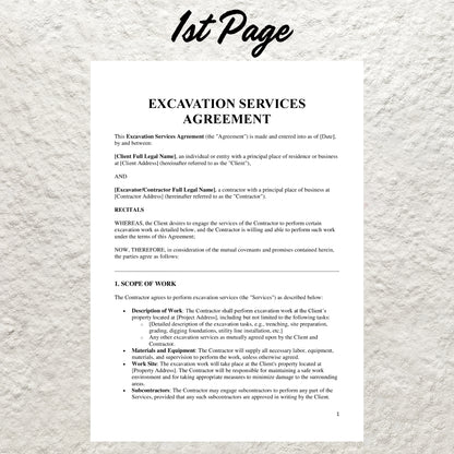 Excavation Contract Template Editable Excavation Service Agreement Form Printable American Contract Excavation Business Services Contract