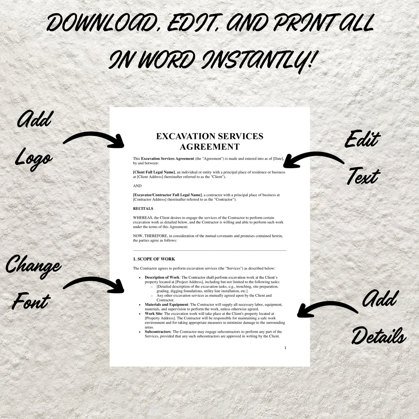 Excavation Contract Template Editable Excavation Service Agreement Form Printable American Contract Excavation Business Services Contract