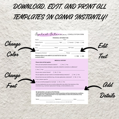 Eyelash Extension Forms Template Editable Printable Lash Consent Form Lash Consultation Eyelash After Care Card Esthetician Forms Lash Forms