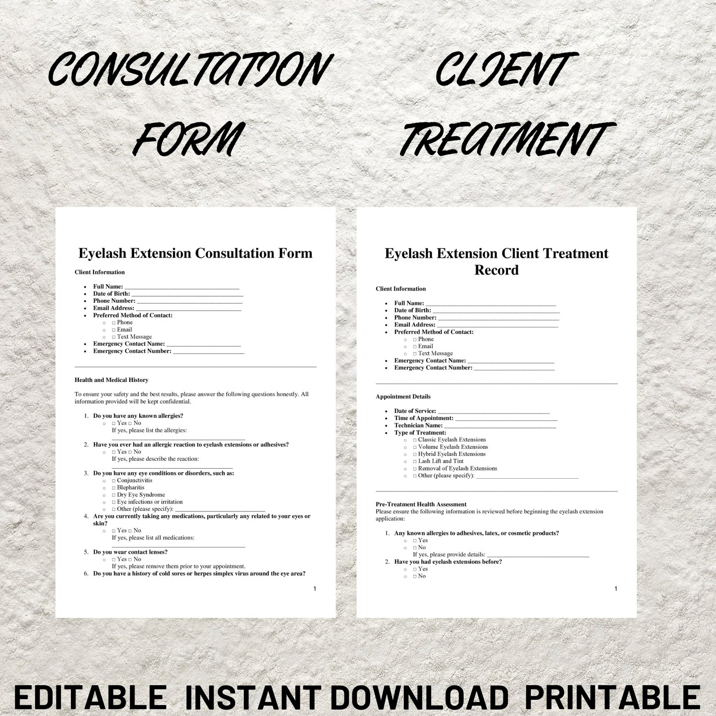 Eyelash Extension Forms Bundle Editable Lash Consent Template Printable Lash Tech Consultation Form Lash Tech Business Esthetician Forms