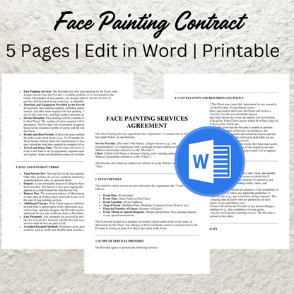 Face Painting Service Contract Template Editable Face Painting Agreement Form Printable Face Painter Agreement Face Artistry Art Terms