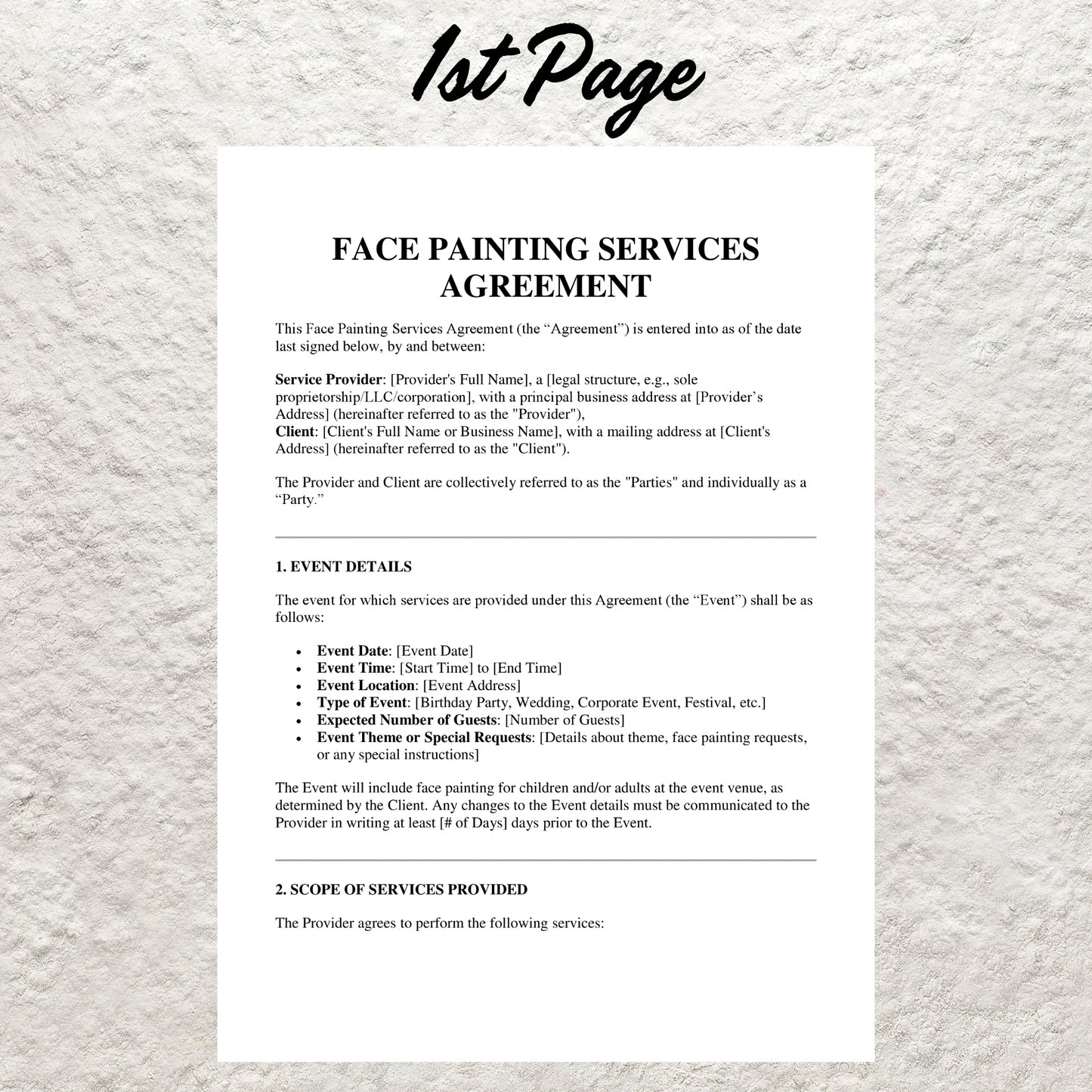 Face Painting Service Contract Template Editable Face Painting Agreement Form Printable Face Painter Agreement Face Artistry Art Terms