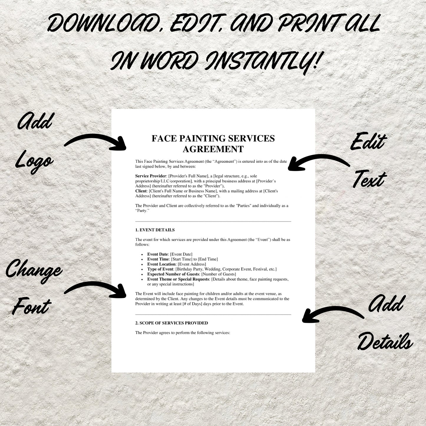 Face Painting Service Contract Template Editable Face Painting Agreement Form Printable Face Painter Agreement Face Artistry Art Terms