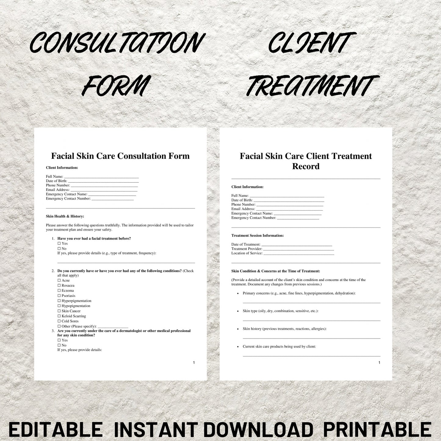 Facial Treatment Forms Bundle Editable Facial Consultation Form Printable Facial Consent Form Facial Intake Form Esthetician Skin Care Forms