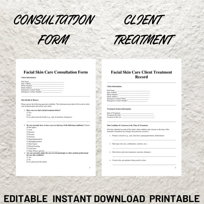 Facial Treatment Forms Bundle Editable Facial Consultation Form Printable Facial Consent Form Facial Intake Form Esthetician Skin Care Forms