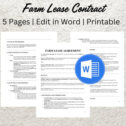 Farm Lease Contract Template Editable Farm Land Rent Agreement Printable Agriculture Land Lease Agreement Form Rental Contract for Farmers