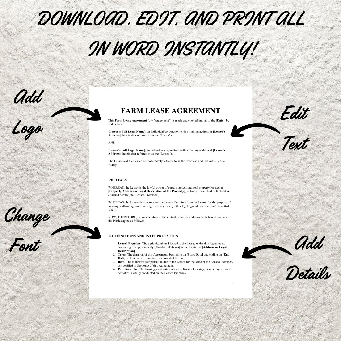 Farm Lease Contract Template Editable Farm Land Rent Agreement Printable Agriculture Land Lease Agreement Form Rental Contract for Farmers