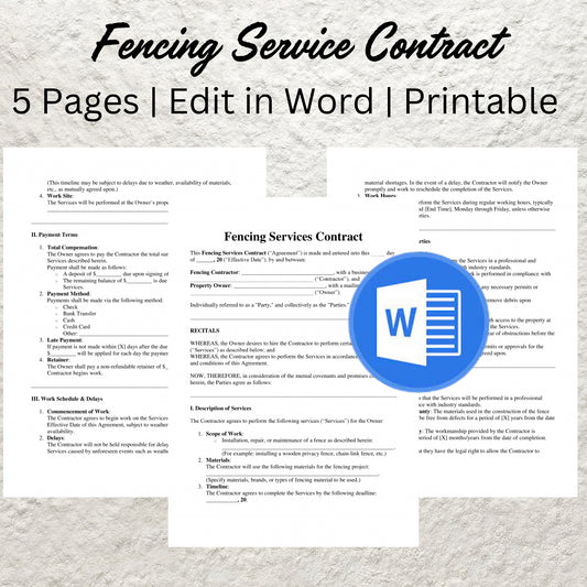 Fence Installation Contract Template Editable Fencing Service Agreement Printable Fence and Gate Installation Contract Fencing Business Form