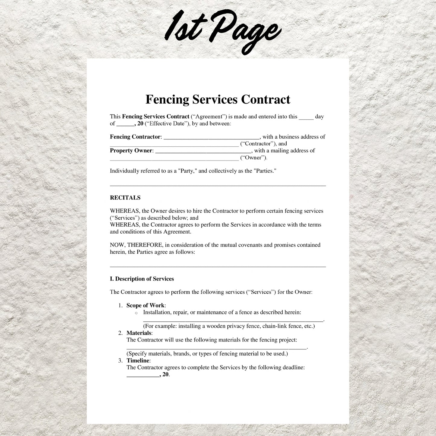 Fence Installation Contract Template Editable Fencing Service Agreement Printable Fence and Gate Installation Contract Fencing Business Form