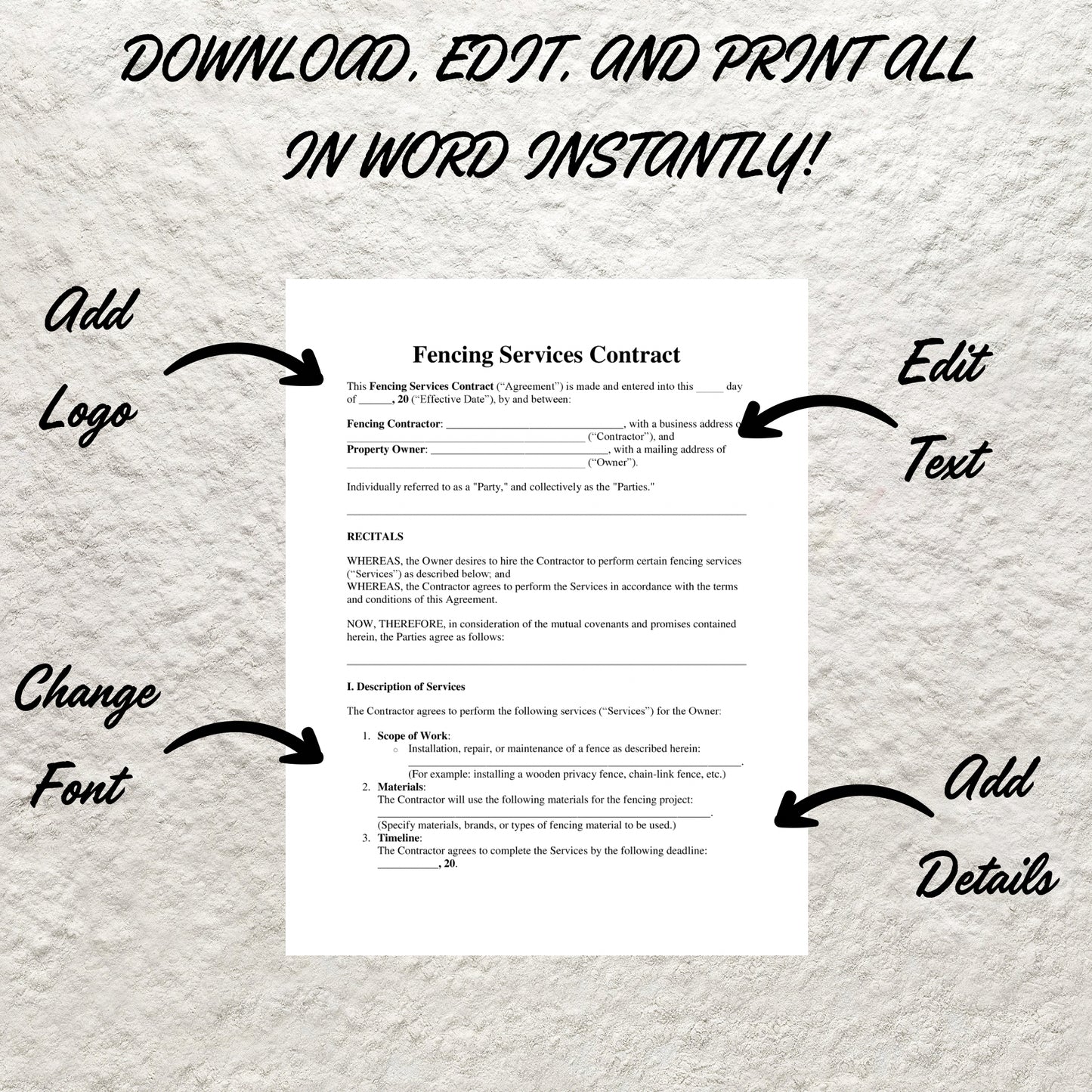 Fence Installation Contract Template Editable Fencing Service Agreement Printable Fence and Gate Installation Contract Fencing Business Form