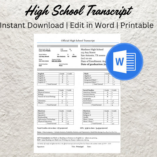 Fillable Printable Highschool Transcript Template Editable Homeschool Transcript Template Academic School Report Card Record Word PDF