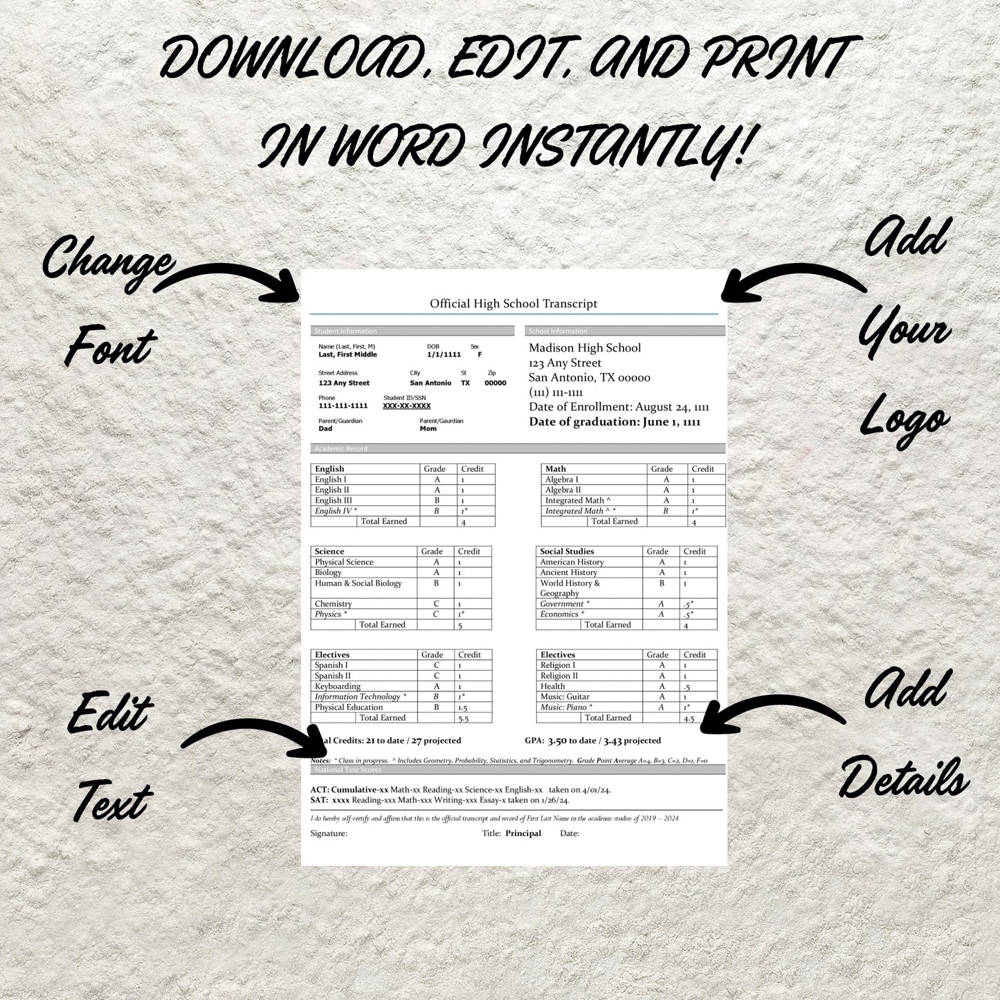 Fillable Printable Highschool Transcript Template Editable Homeschool Transcript Template Academic School Report Card Record Word PDF