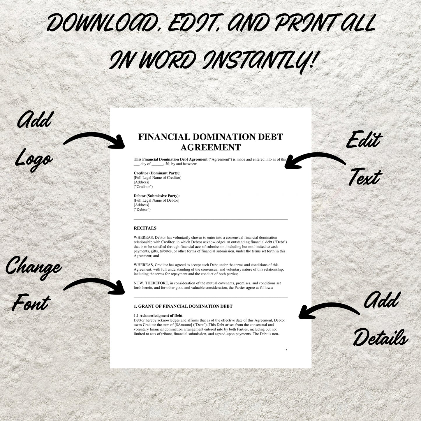 Findom Debt Contract Template Editable Findom Debt Agreement Printable Findom Contract Template Findom Agreement Financial Dom Contract Form