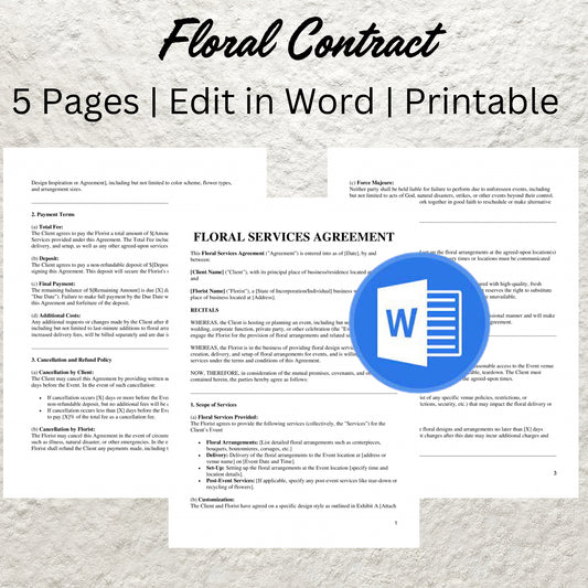 Floral Contract Template Editable Florist Contract Printable Floral Service Agreement Professional Flower Arrangement Agreement Florist Form