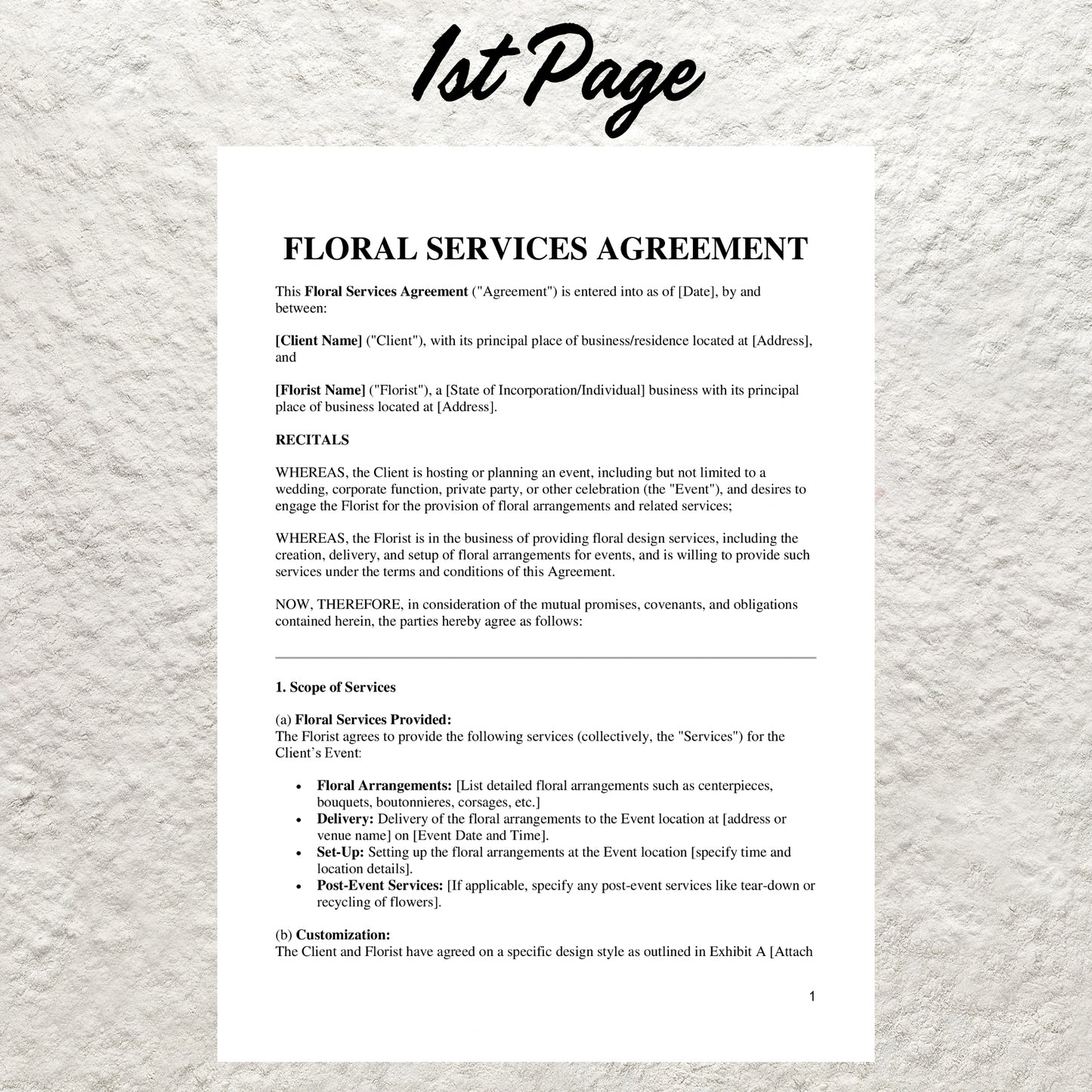 Floral Contract Template Editable Florist Contract Printable Floral Service Agreement Professional Flower Arrangement Agreement Florist Form