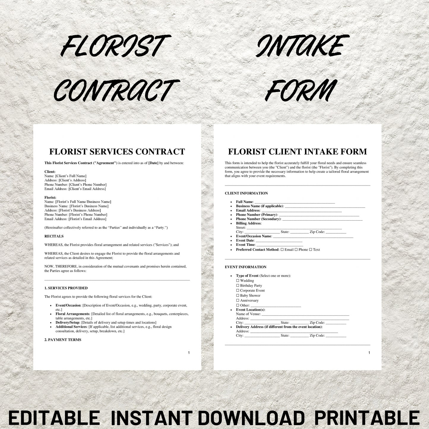 Florist Forms Bundle Editable Florist Service Contract Agreement Template Printable Floral Event Services Agreement Client Intake Price List