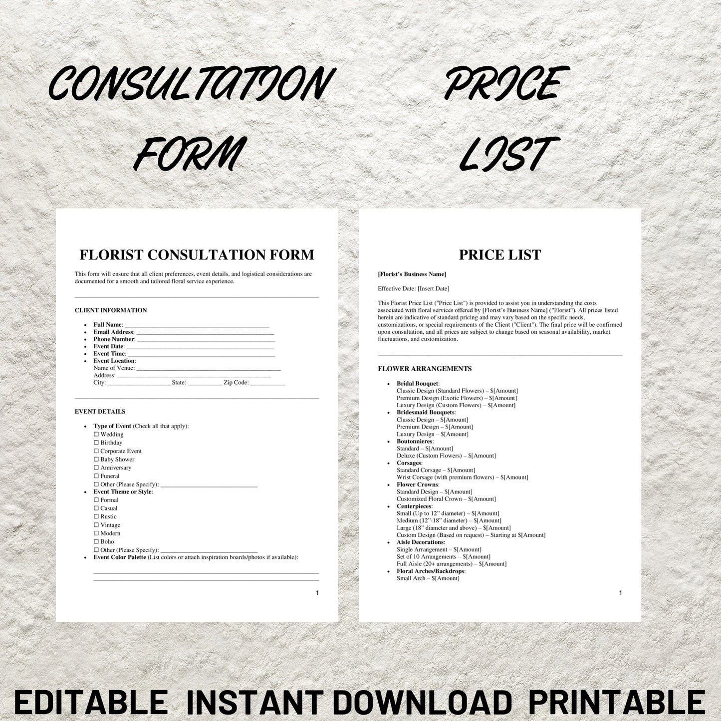 Florist Forms Bundle Editable Florist Service Contract Agreement Template Printable Floral Event Services Agreement Client Intake Price List