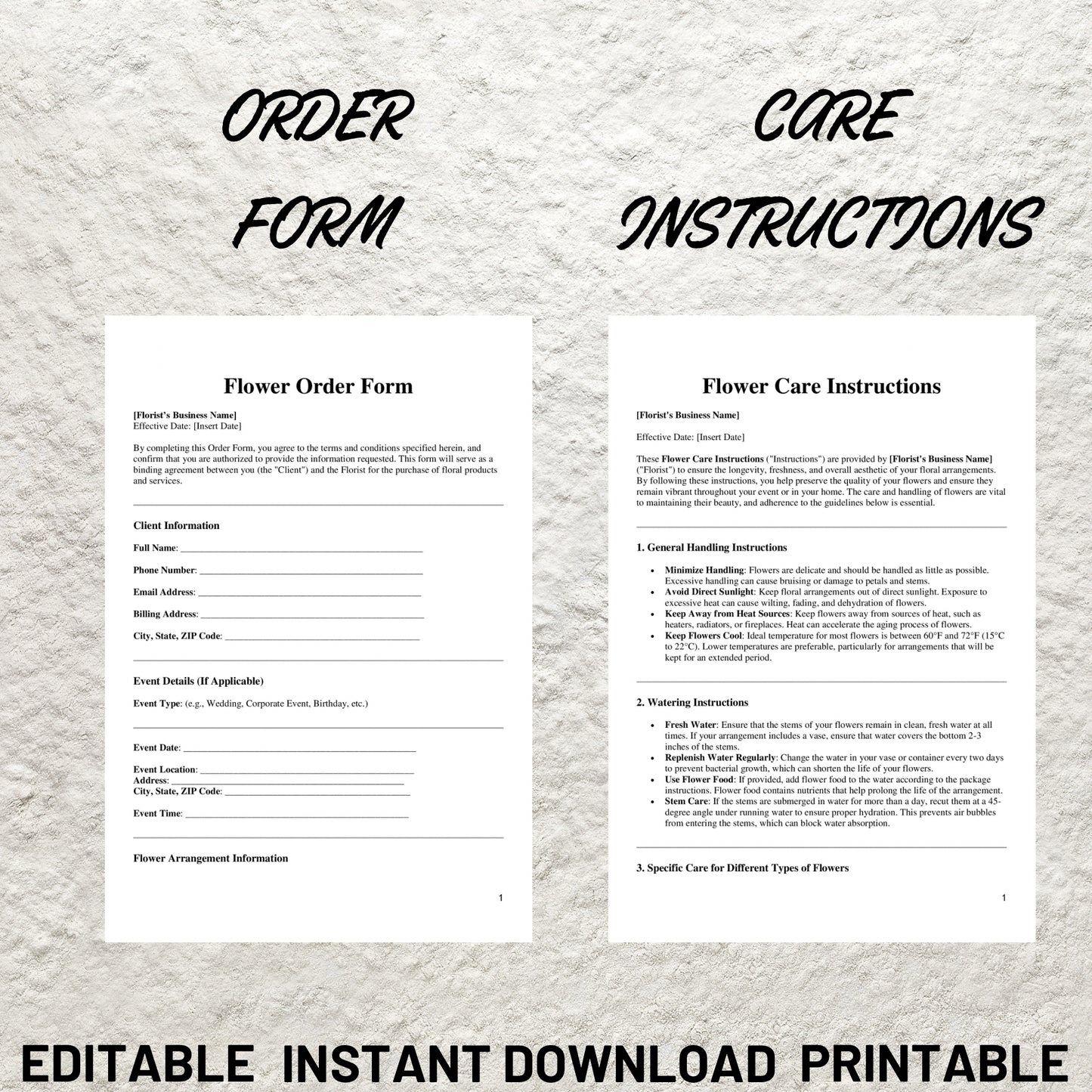 Florist Forms Bundle Editable Florist Service Contract Agreement Template Printable Floral Event Services Agreement Client Intake Price List