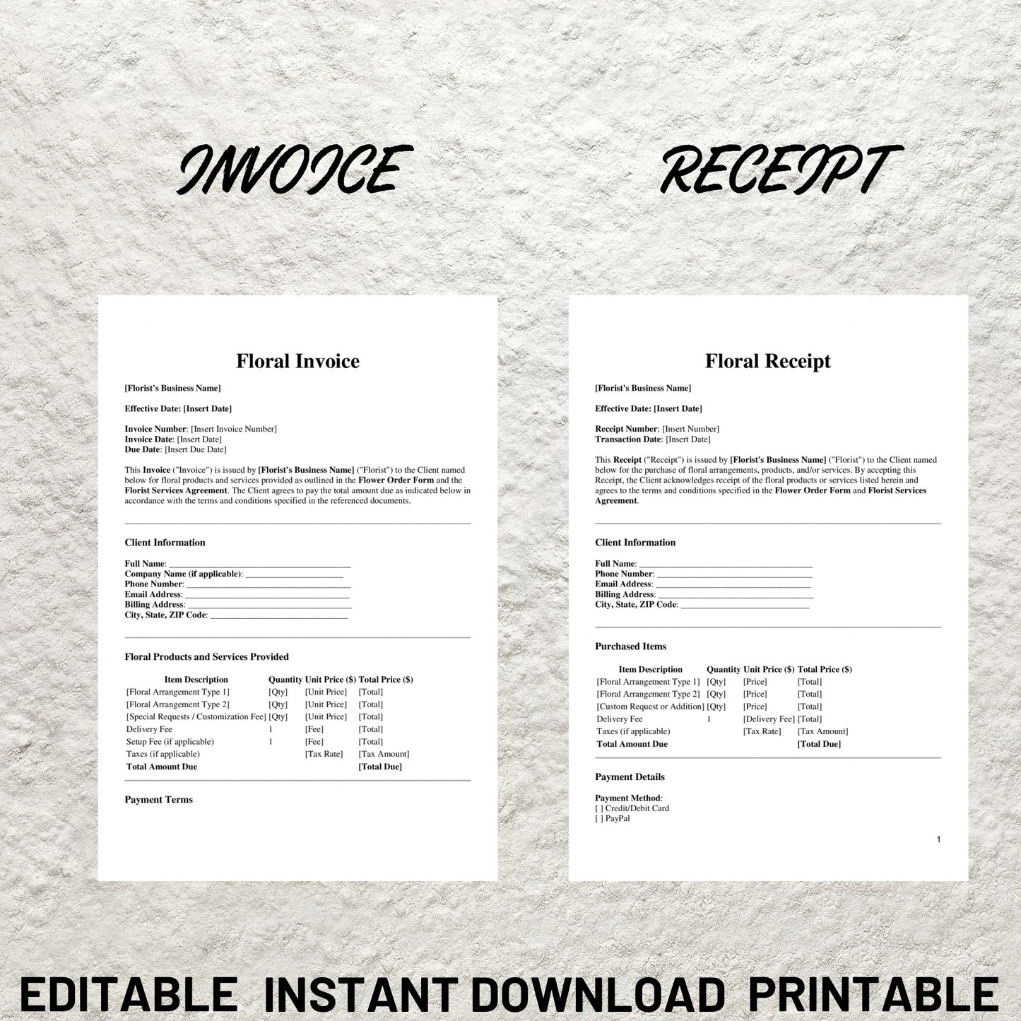 Florist Forms Bundle Editable Florist Service Contract Agreement Template Printable Floral Event Services Agreement Client Intake Price List