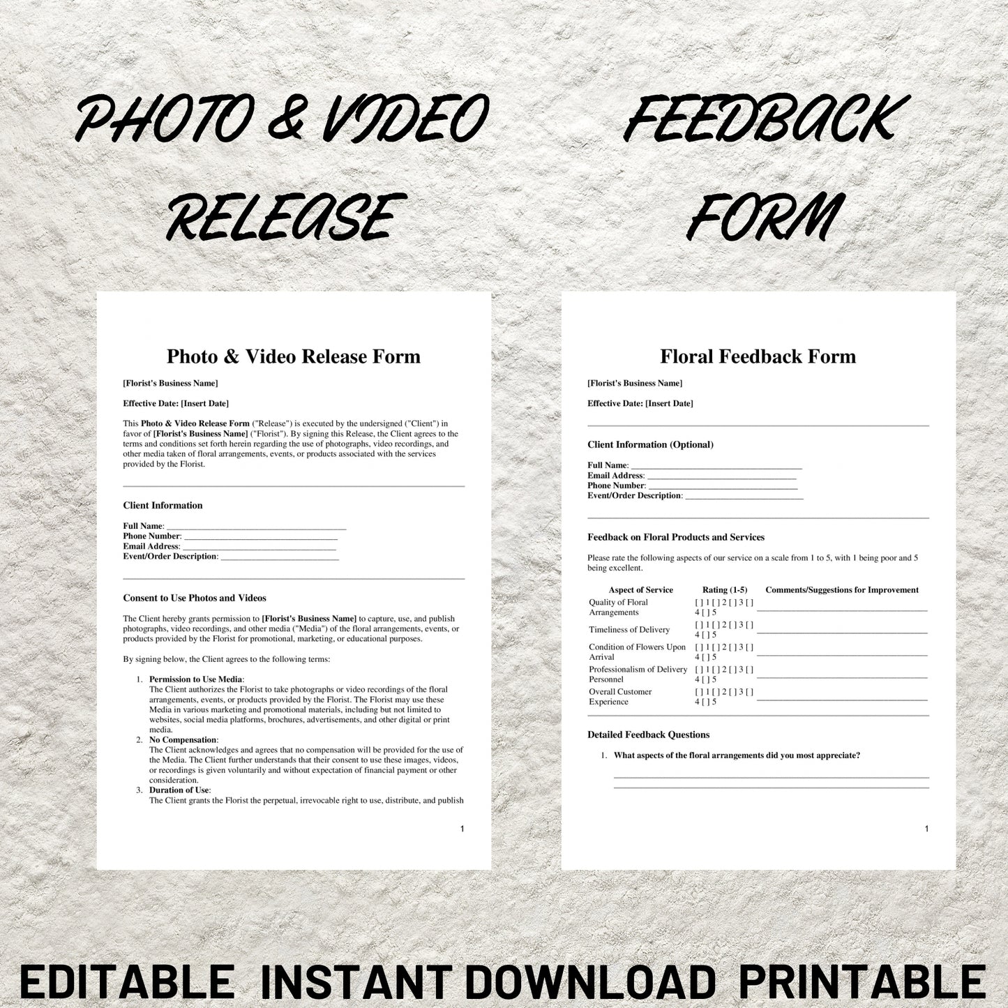 Florist Forms Bundle Editable Florist Service Contract Agreement Template Printable Floral Event Services Agreement Client Intake Price List