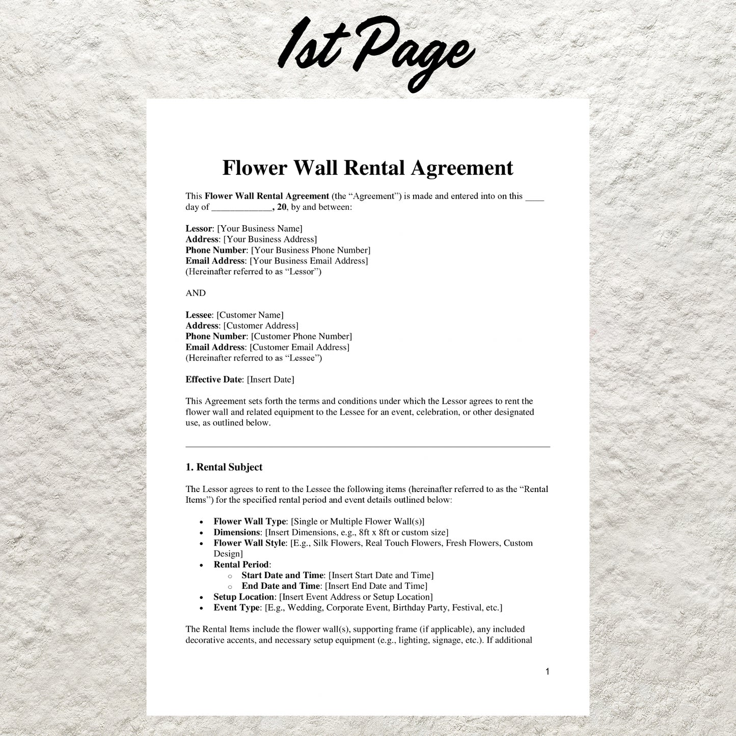 Flower Wall Rental Contract Template Editable Flower Wall Service Agreement Form Printable Event Floral Service Form Florist Service Form