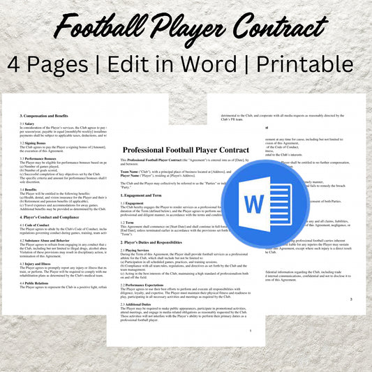 Football Player Contract Template Editable Professional Sports Agreement Printable Professional Football Player Contract Soccer Player Deal