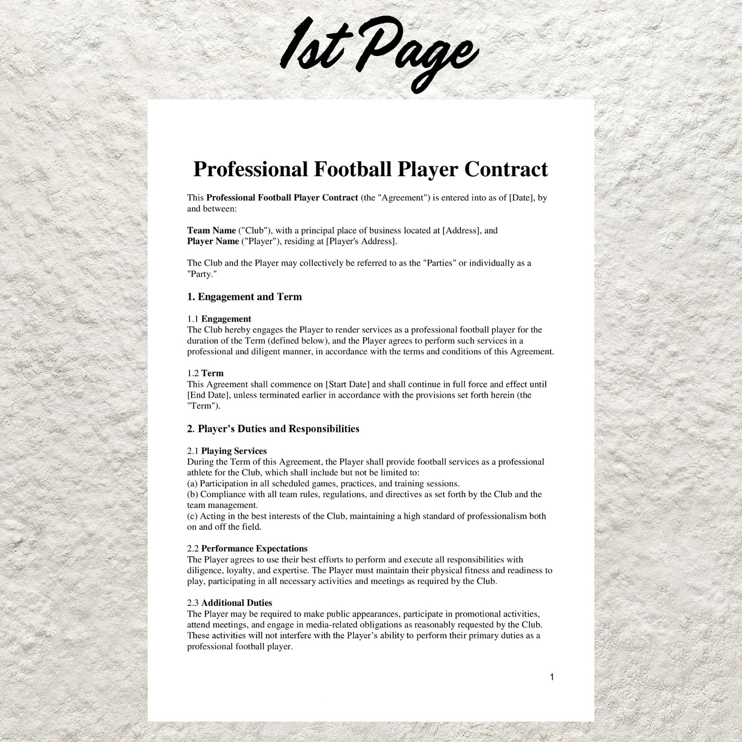 Football Player Contract Template Editable Professional Sports Agreement Printable Professional Football Player Contract Soccer Player Deal