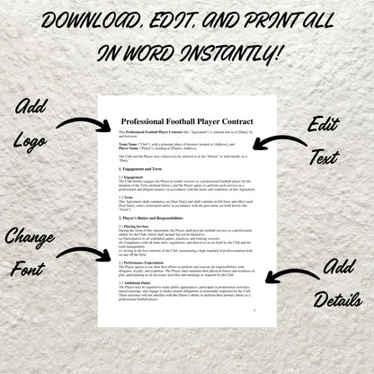 Football Player Contract Template Editable Professional Sports Agreement Printable Professional Football Player Contract Soccer Player Deal