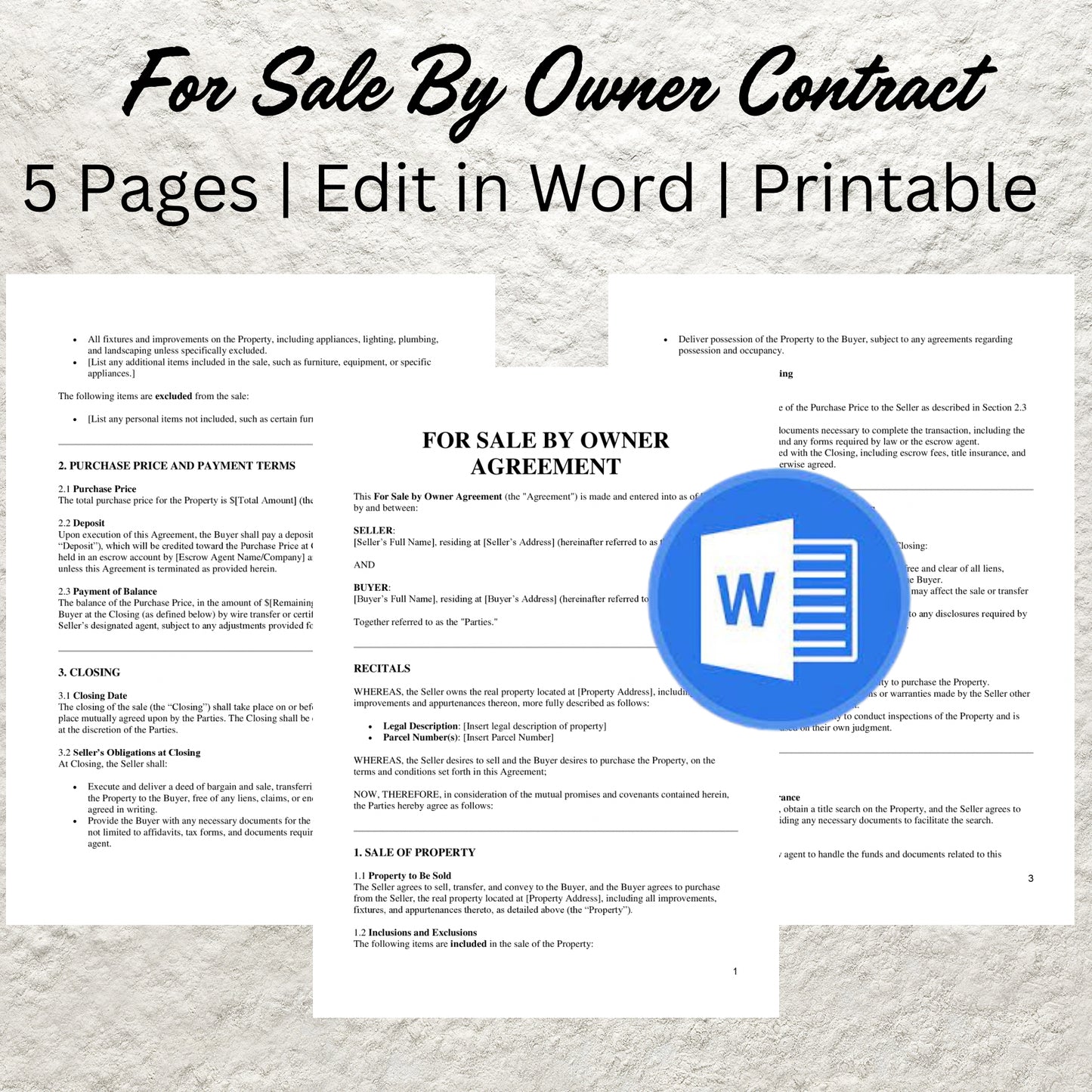 For Sale By Owner Contract Template Editable Real Estate For Sale By Owner Agreement Printable Real Estate Service Contract Property Sale