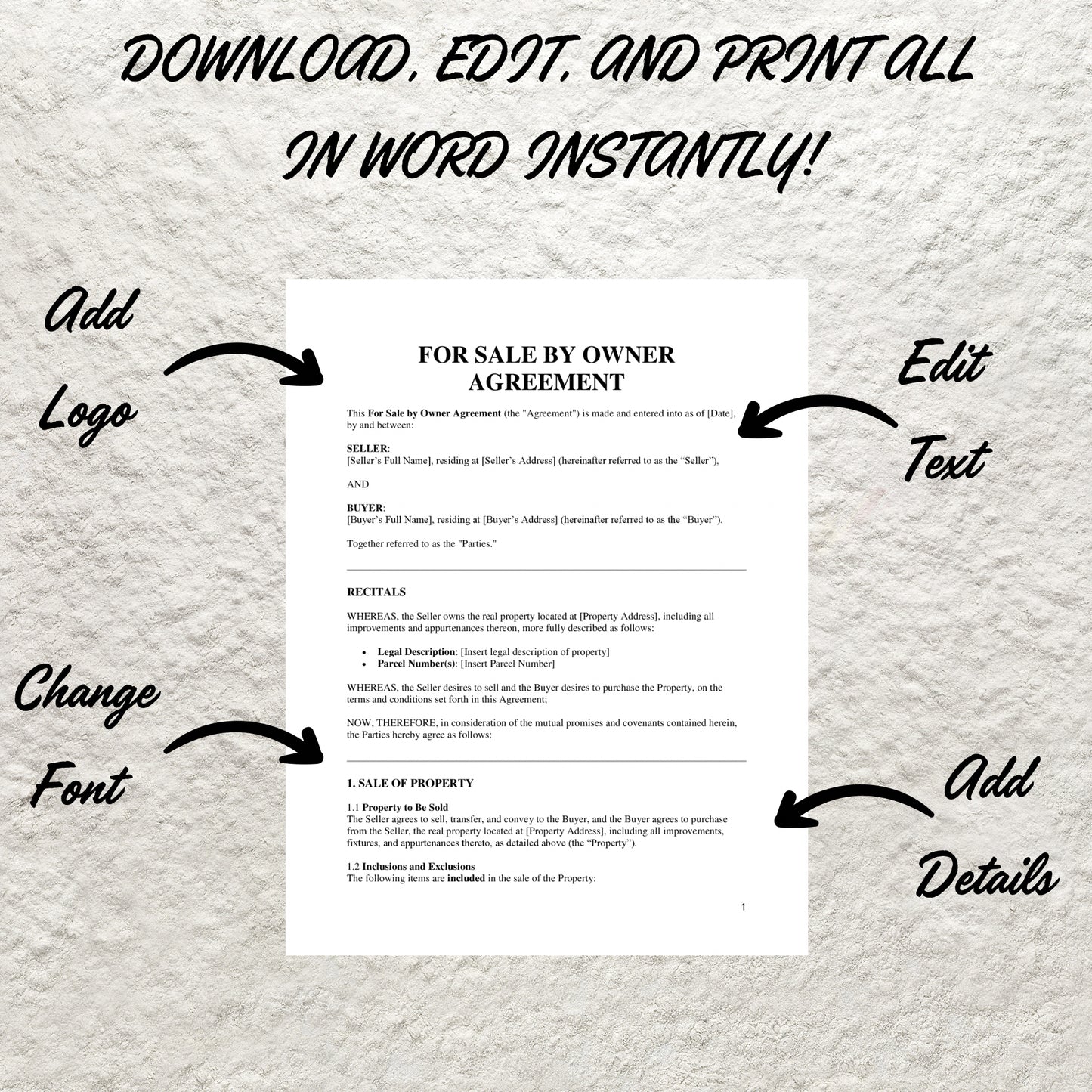 For Sale By Owner Contract Template Editable Real Estate For Sale By Owner Agreement Printable Real Estate Service Contract Property Sale