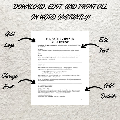 For Sale By Owner Contract Template Editable Real Estate For Sale By Owner Agreement Printable Real Estate Service Contract Property Sale