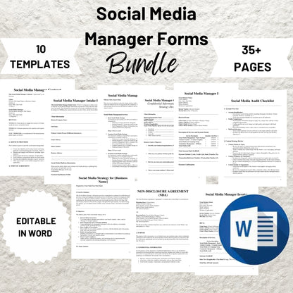 Freelance Social Media Manager Contract Bundle Editable Social Media Management Agreement Pintable Social Media Non Disclosure Intake Forms