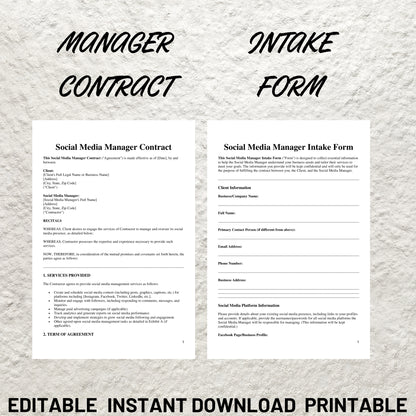 Freelance Social Media Manager Contract Bundle Editable Social Media Management Agreement Pintable Social Media Non Disclosure Intake Forms