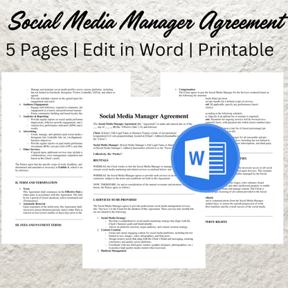 Freelance Social Media Manager Contract Template Editable Social Media Manager Agreement Printable Freelance Social Media Management Form