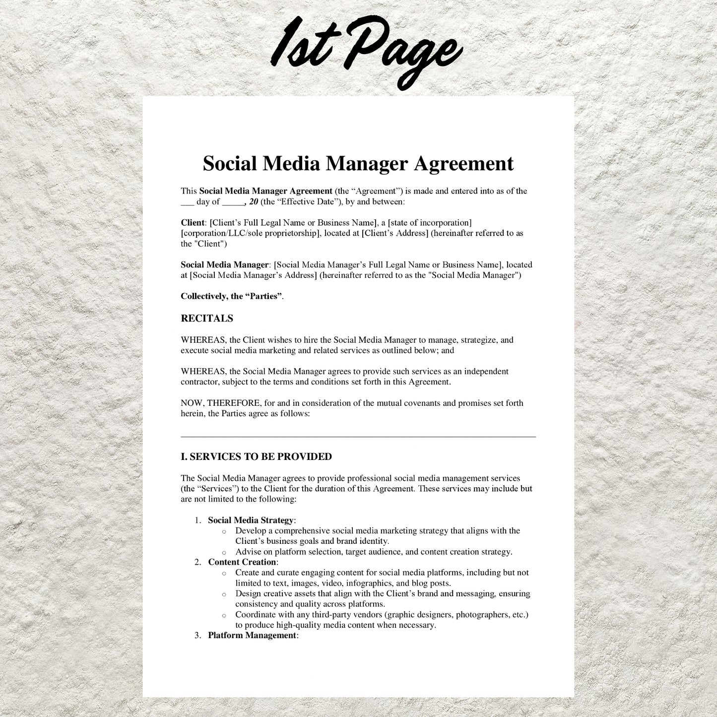 Freelance Social Media Manager Contract Template Editable Social Media Manager Agreement Printable Freelance Social Media Management Form