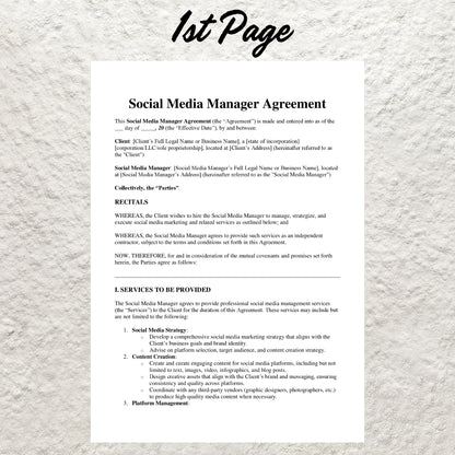 Freelance Social Media Manager Contract Template Editable Social Media Manager Agreement Printable Freelance Social Media Management Form