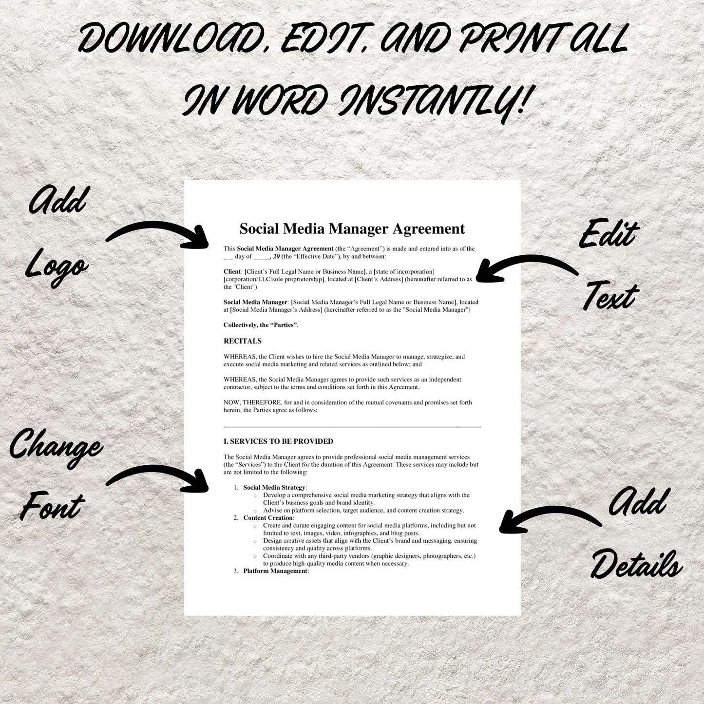 Freelance Social Media Manager Contract Template Editable Social Media Manager Agreement Printable Freelance Social Media Management Form