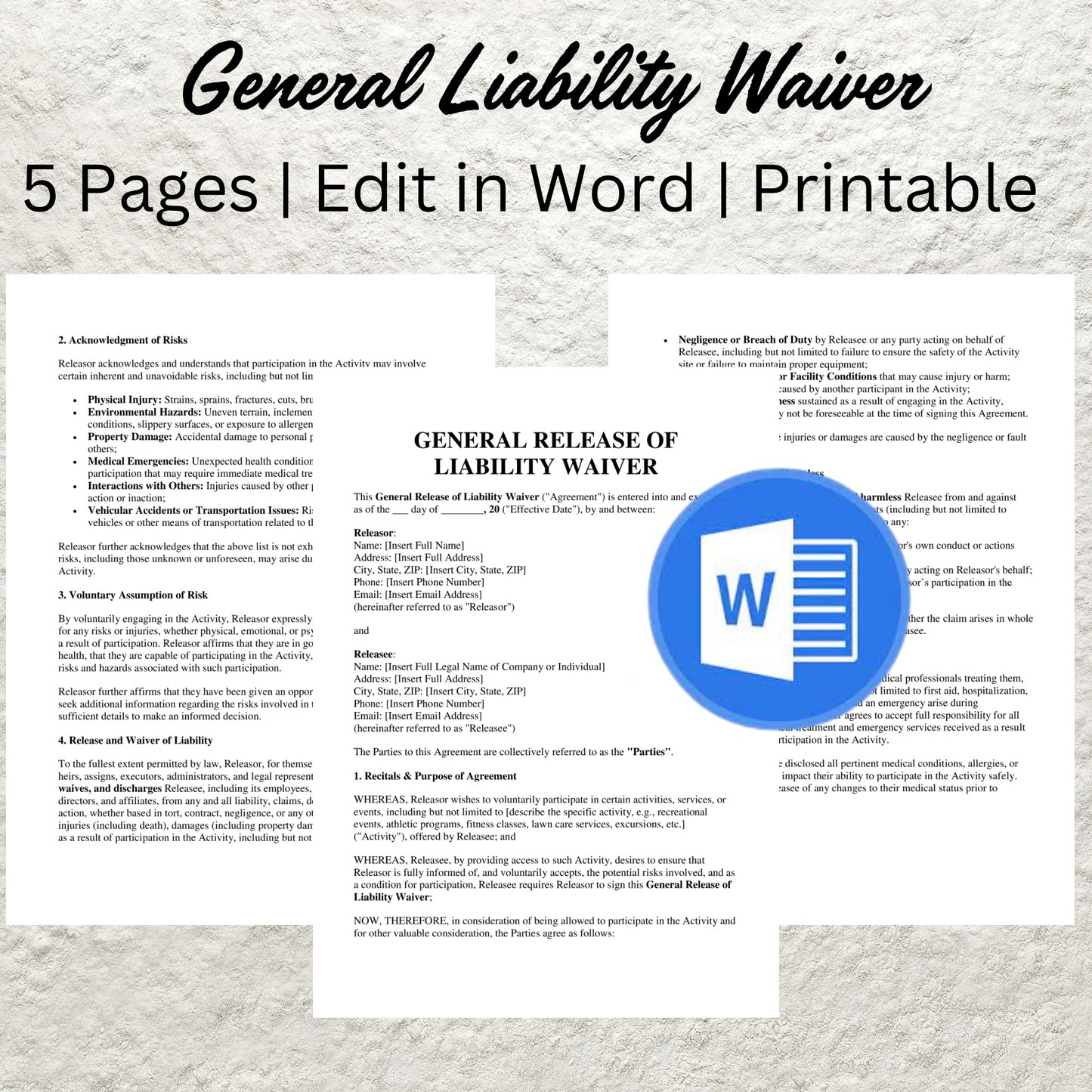 General Liability Waiver Form Template Editable All Purpose Liability Waiver Release Form Printable General Release Liability Consent Form