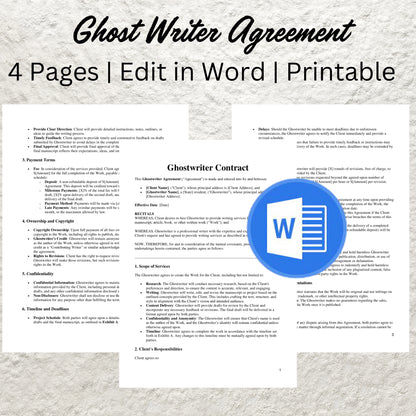 Ghost Writer Contract Template Editable Writing Contract Printable Ghostwriting Agreement Freelance Writer Service Contract Ghostwriter Form