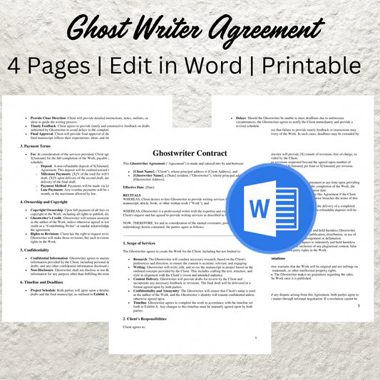 Ghost Writer Contract Template Editable Writing Contract Printable Ghostwriting Agreement Freelance Writer Service Contract Ghostwriter Form