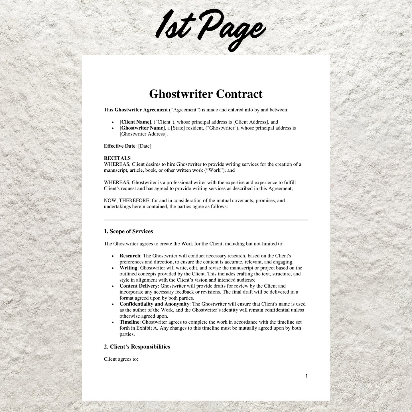 Ghost Writer Contract Template Editable Writing Contract Printable Ghostwriting Agreement Freelance Writer Service Contract Ghostwriter Form