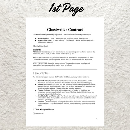 Ghost Writer Contract Template Editable Writing Contract Printable Ghostwriting Agreement Freelance Writer Service Contract Ghostwriter Form