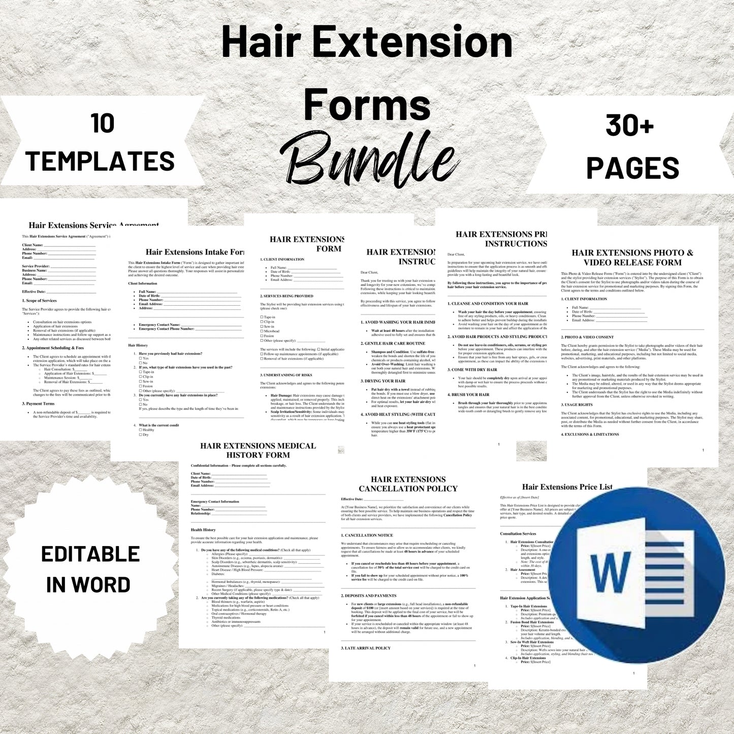 Hair Extension Forms Bundle Editable Hair Extension Intake Form Printable Hair Consent Form Hair Consultation Form Hairstylist Salon Forms